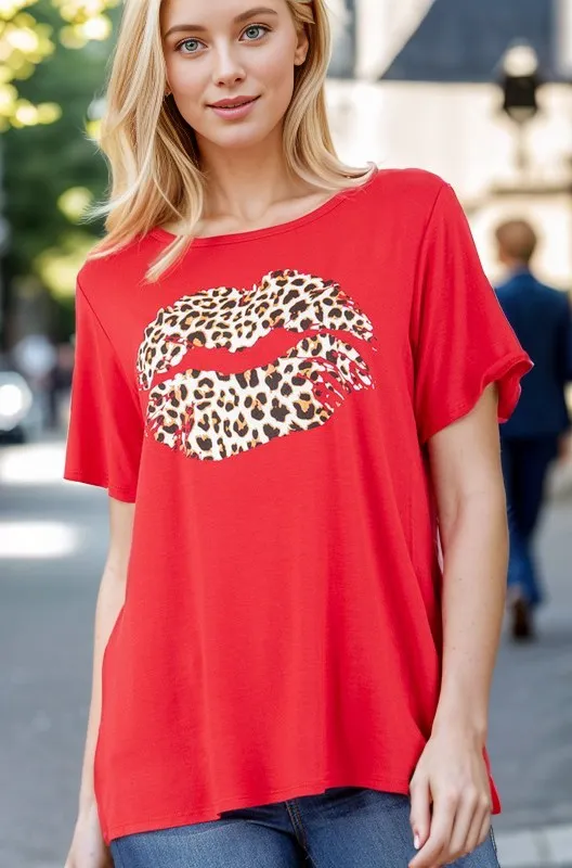 Full Size Leopard Lip Round Neck Short Sleeve T-Shirt Plus Size, image 9