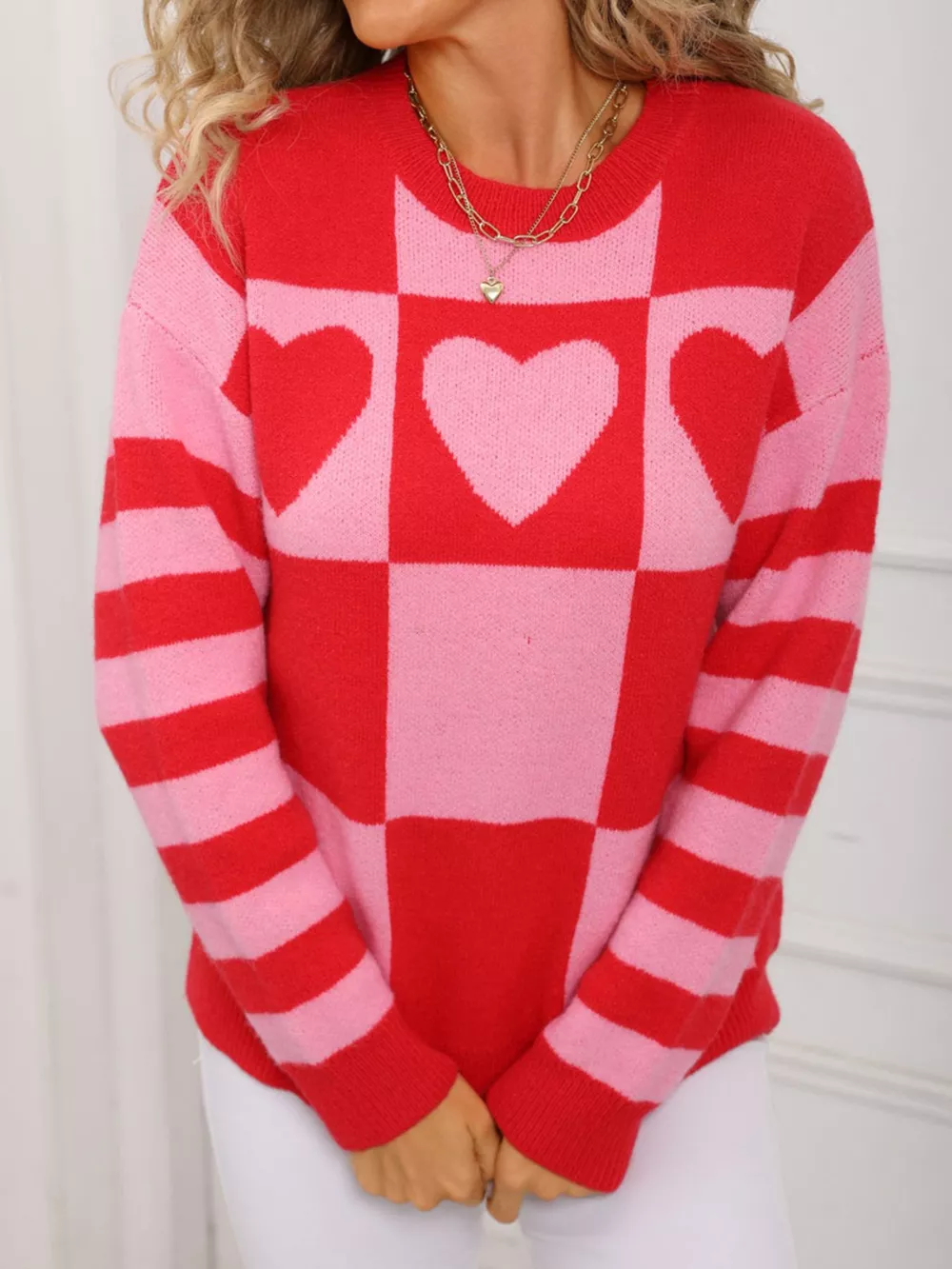 Heart Pattern Checkerboard Knit Sweater, image 5