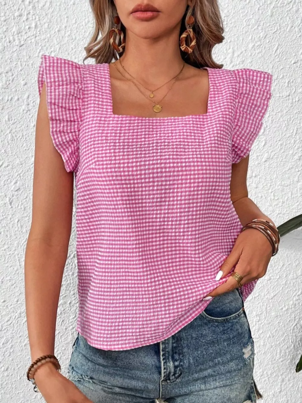 Gingham Ruffle Sleeve Square Neck Blouse, image 12