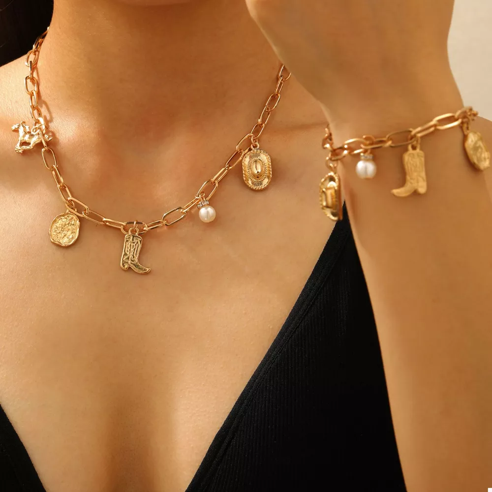 18K Gold-Plated Charm Necklace and Bracelet Jewelry Set, image 4