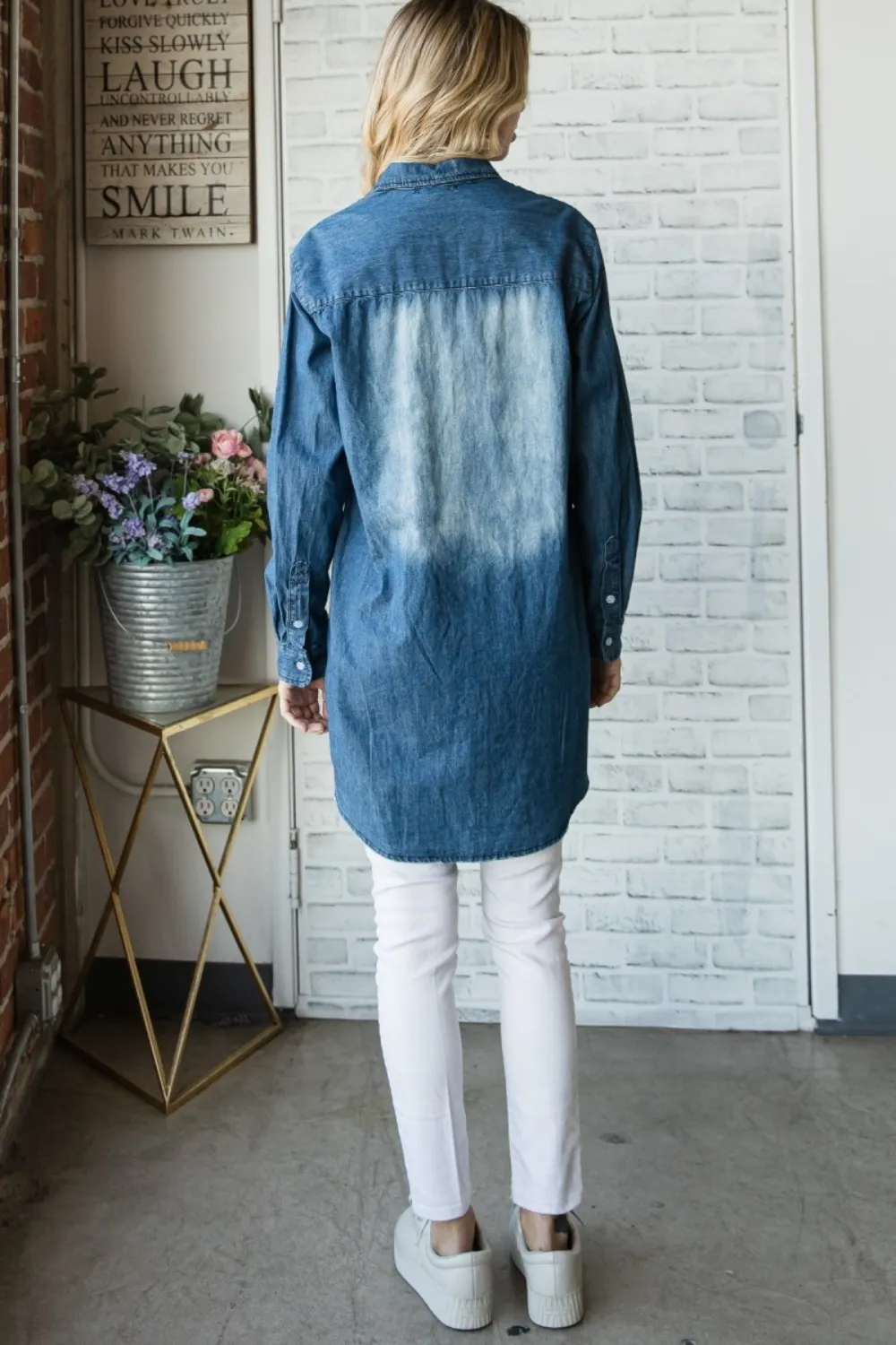 Pocketed Button Up Washed Denim Shirt, image 8