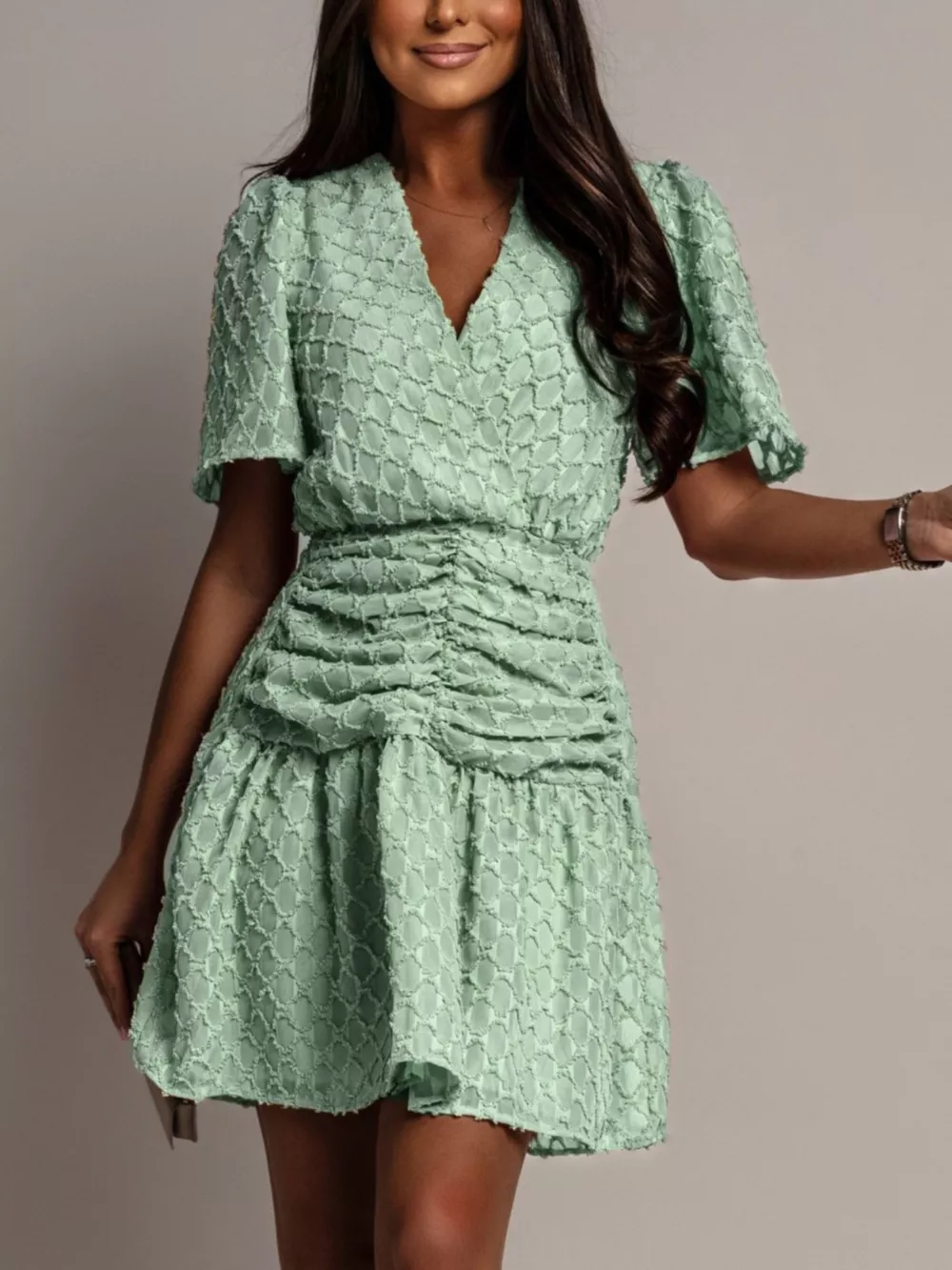 Textured Ruched Surplice Short Sleeve Dress, image 6