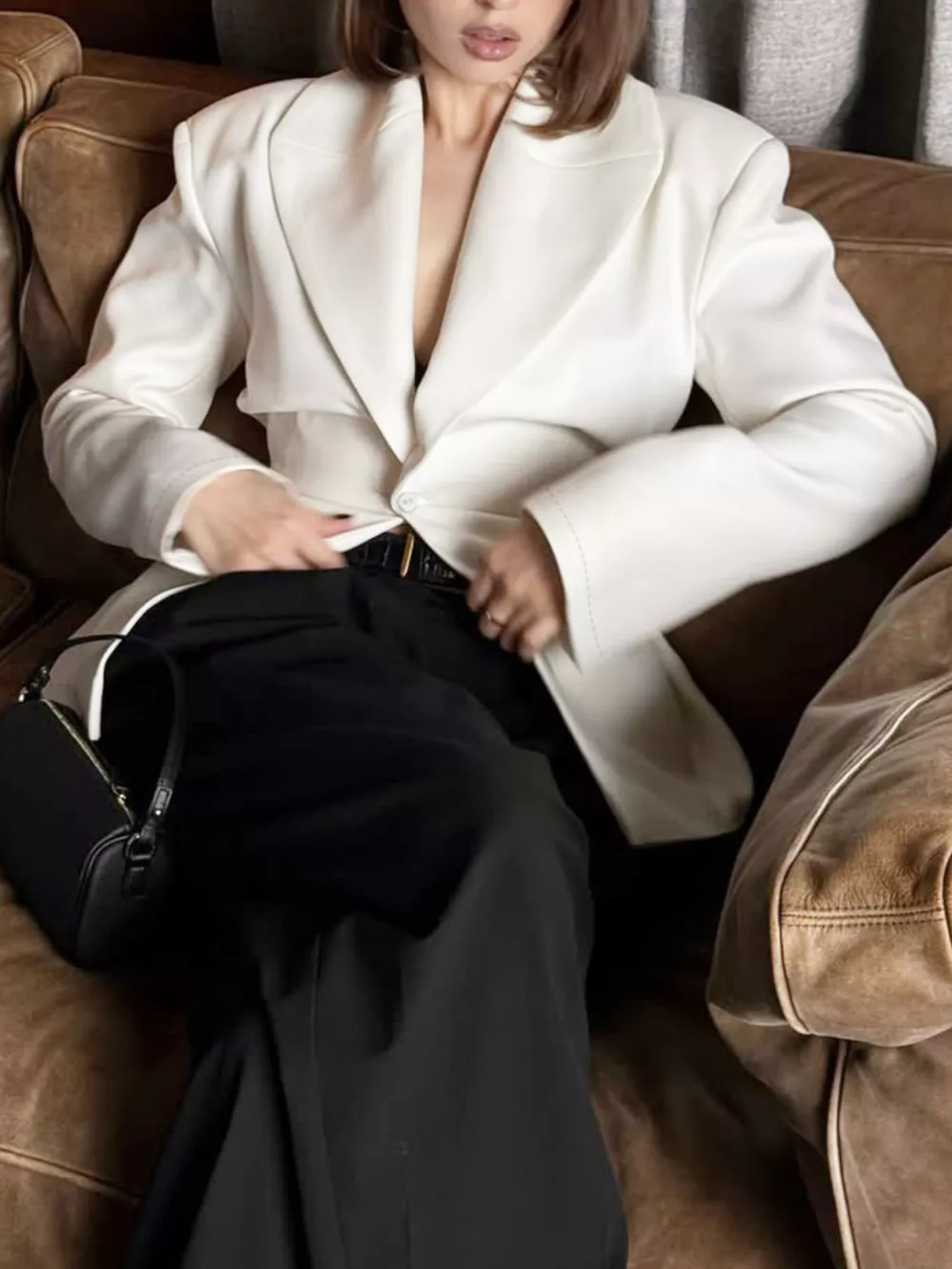 One Button Padded Shoulders Blazer, image 7