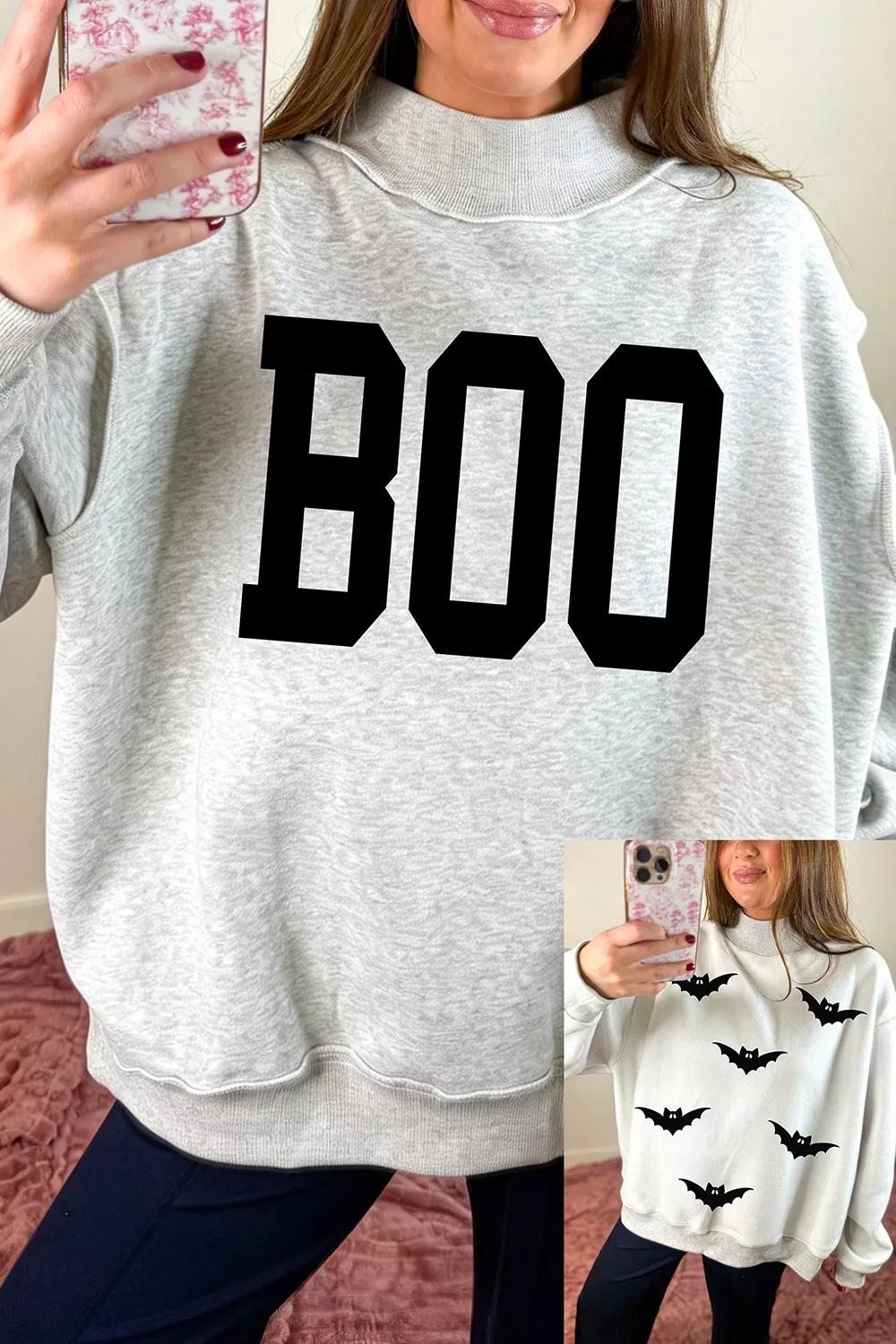 Halloween BOO & Bat Printed Reversible Mock Neck Sweatshirt, image 3