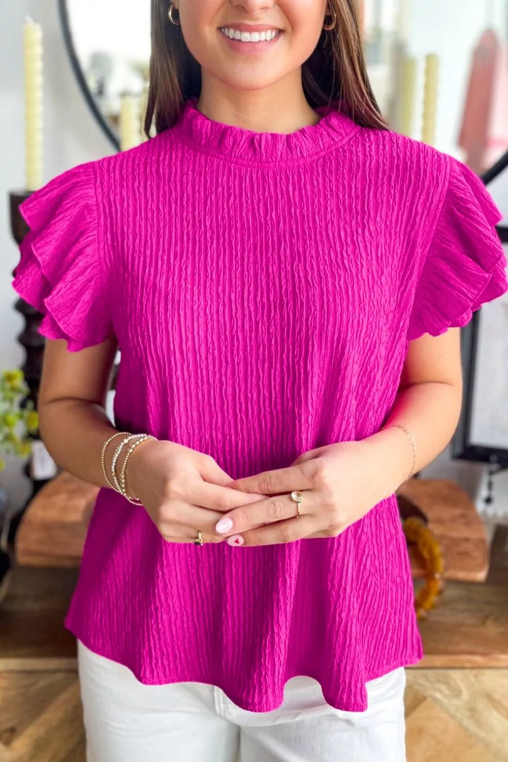 Solid Color Textured Ruffle Trim Short Sleeve Blouse, image 3