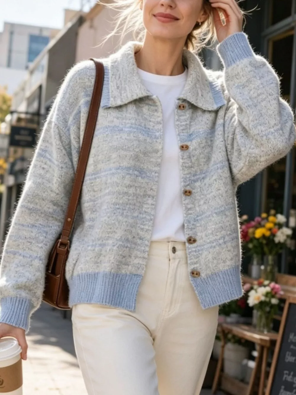 Striped Button-Down Knit Cardigan, image 3