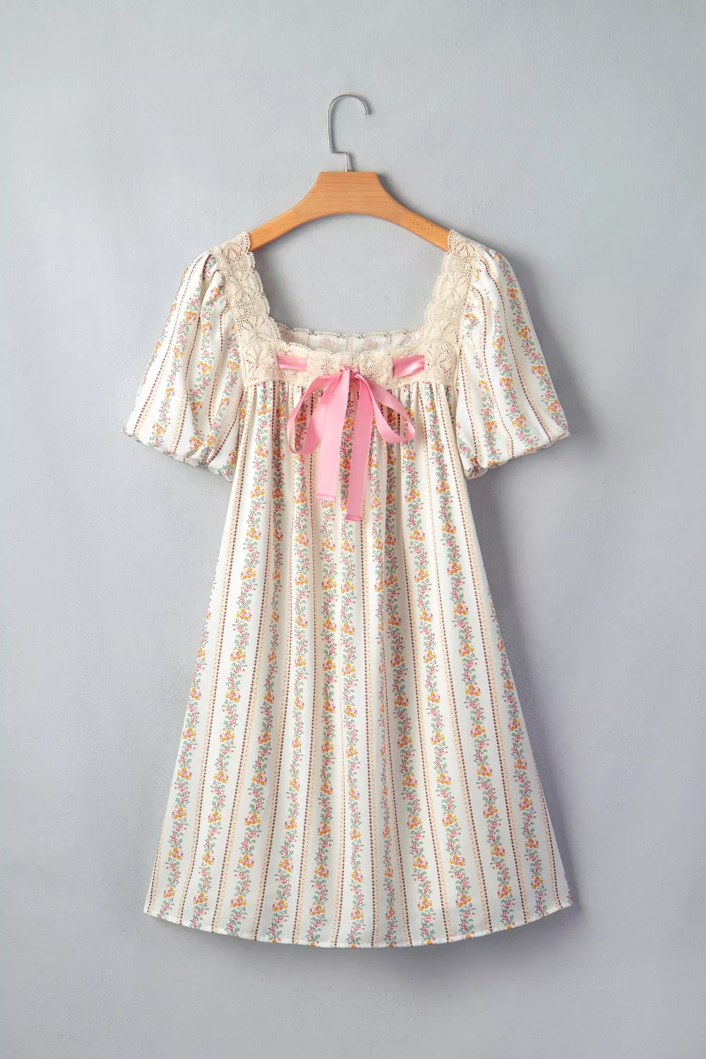 Multicolour Floral Print Contrast Ribbon Bow Lace Trim Square Neck Mini Dress, image 5