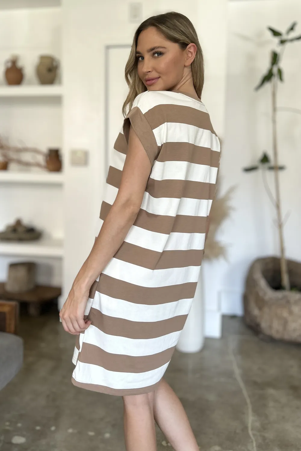 Full Size Striped Round Neck Cap Sleeve Mini Dress, image 10