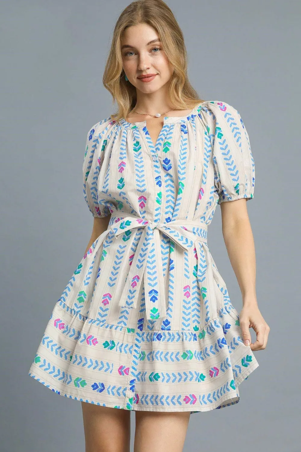 Printed Tie Waist Puff Short Sleeve Mini Dress