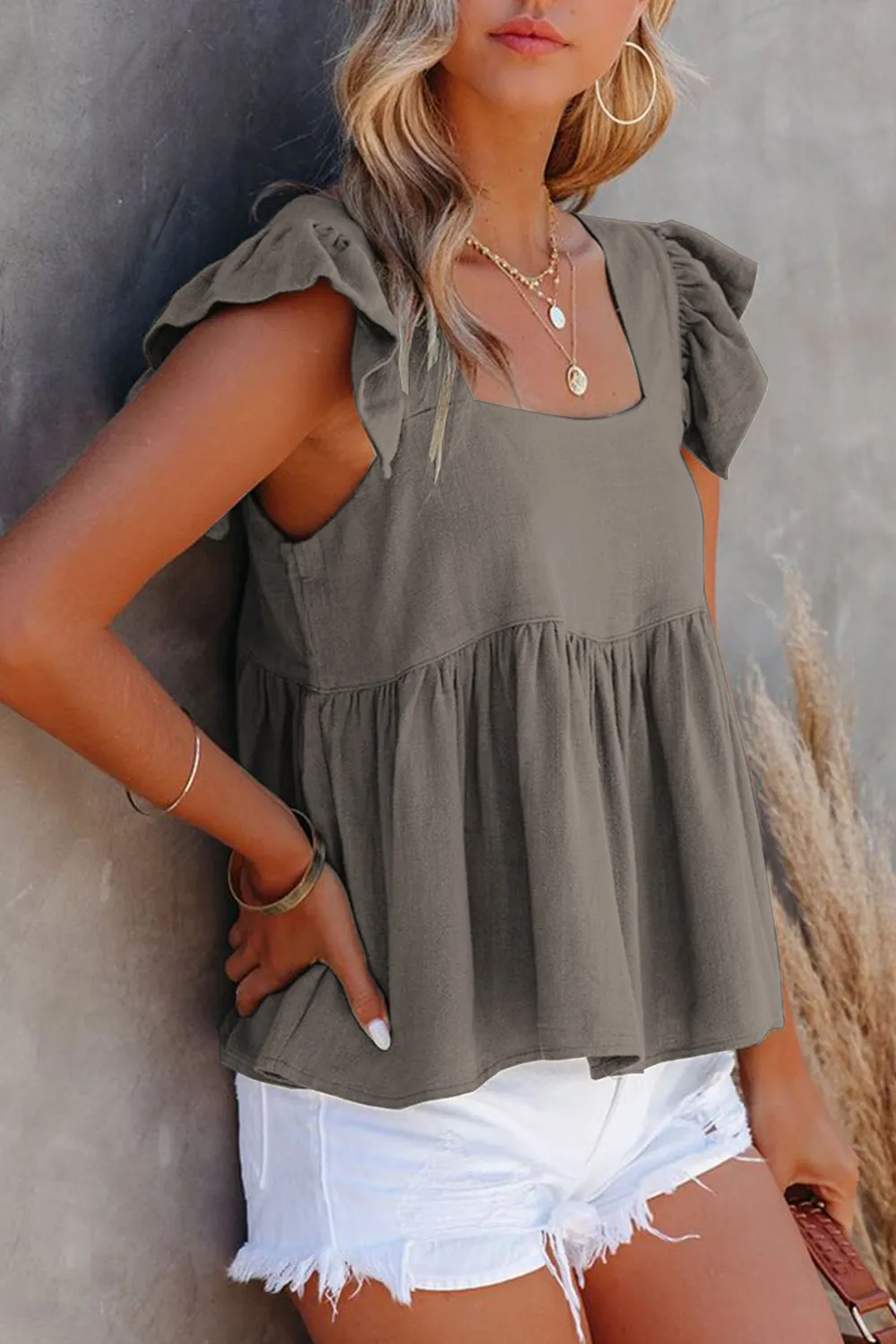 Full Size Ruffled Square Neck Cap Sleeve Blouse, image 12