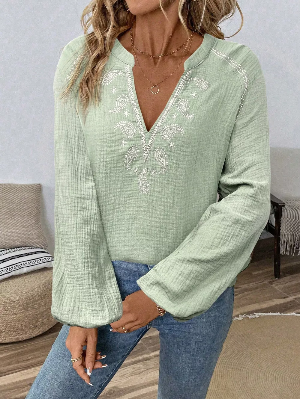 Paisley Notched Balloon Sleeve Blouse, image 22