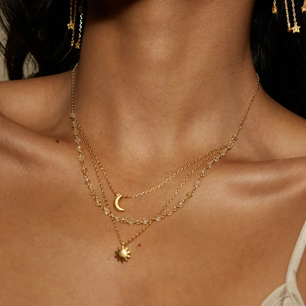 18K Gold-Plated Layered Moon Sun Pendant Necklace