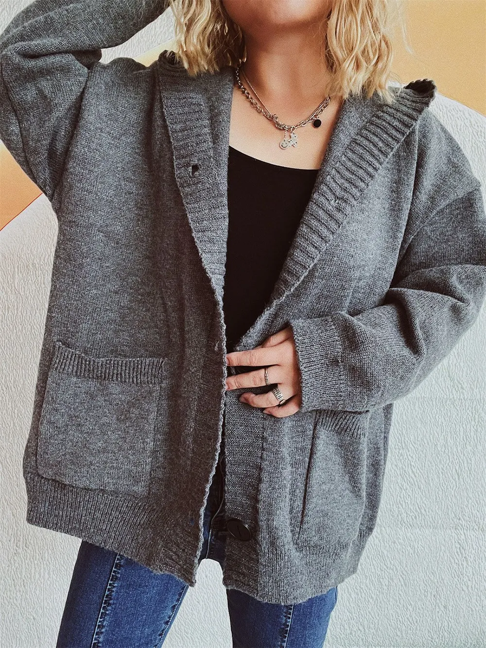 Dropped Shoulder Long Sleeve Hooded Cardigan, image 6
