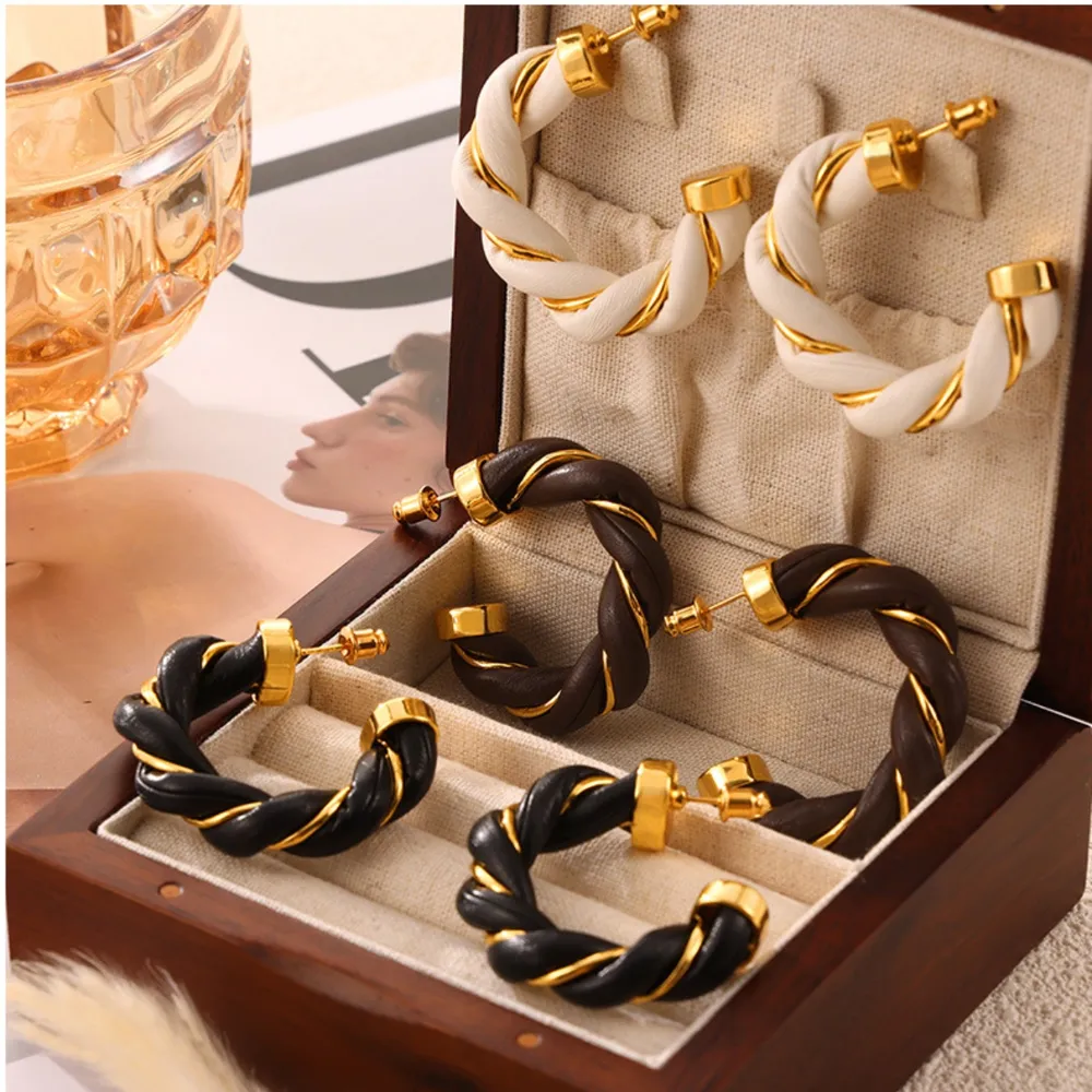 Twisted Leather Rope C-Hoop Earrings, image 11