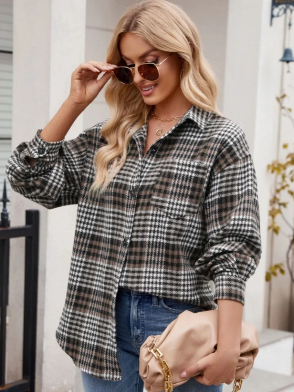 Pocketed Plaid Collared Neck Long Sleeve Shirt, image 17