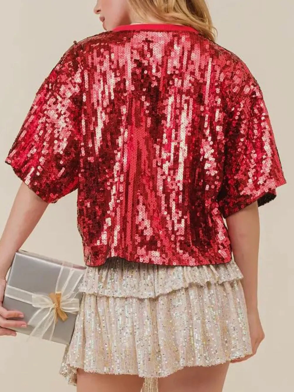 Sequin Bow Graphic Round Neck Half Sleeve T-Shirt, image 2