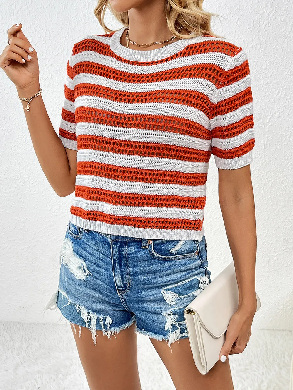 Openwork Striped Round Neck Short Sleeve Knit Top, image 4