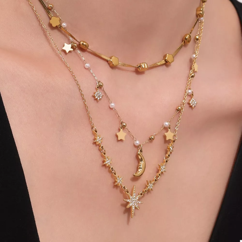 18K Gold-Plated Stainless Steel Zircon Star Moon Necklace, image 4