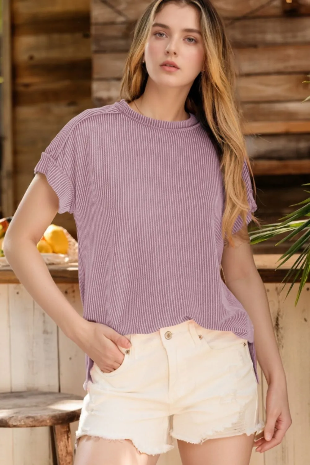 Casual Ribbed Short Sleeve Round Neck T-Shirt, image 17