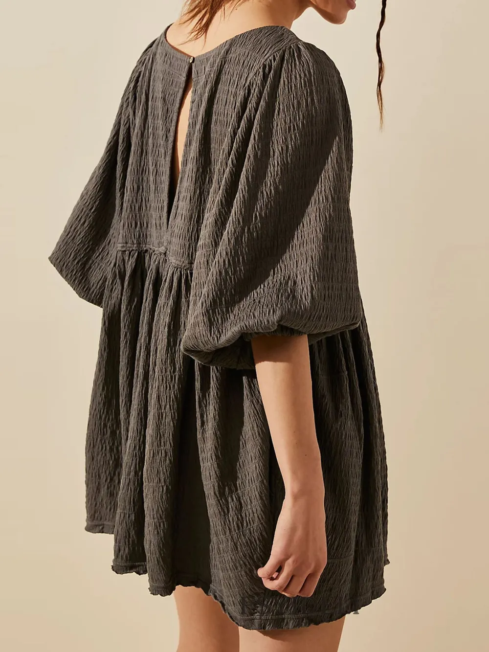 Relaxed Textured Babydoll Mini Dress with Back Keyhole Detail, image 7