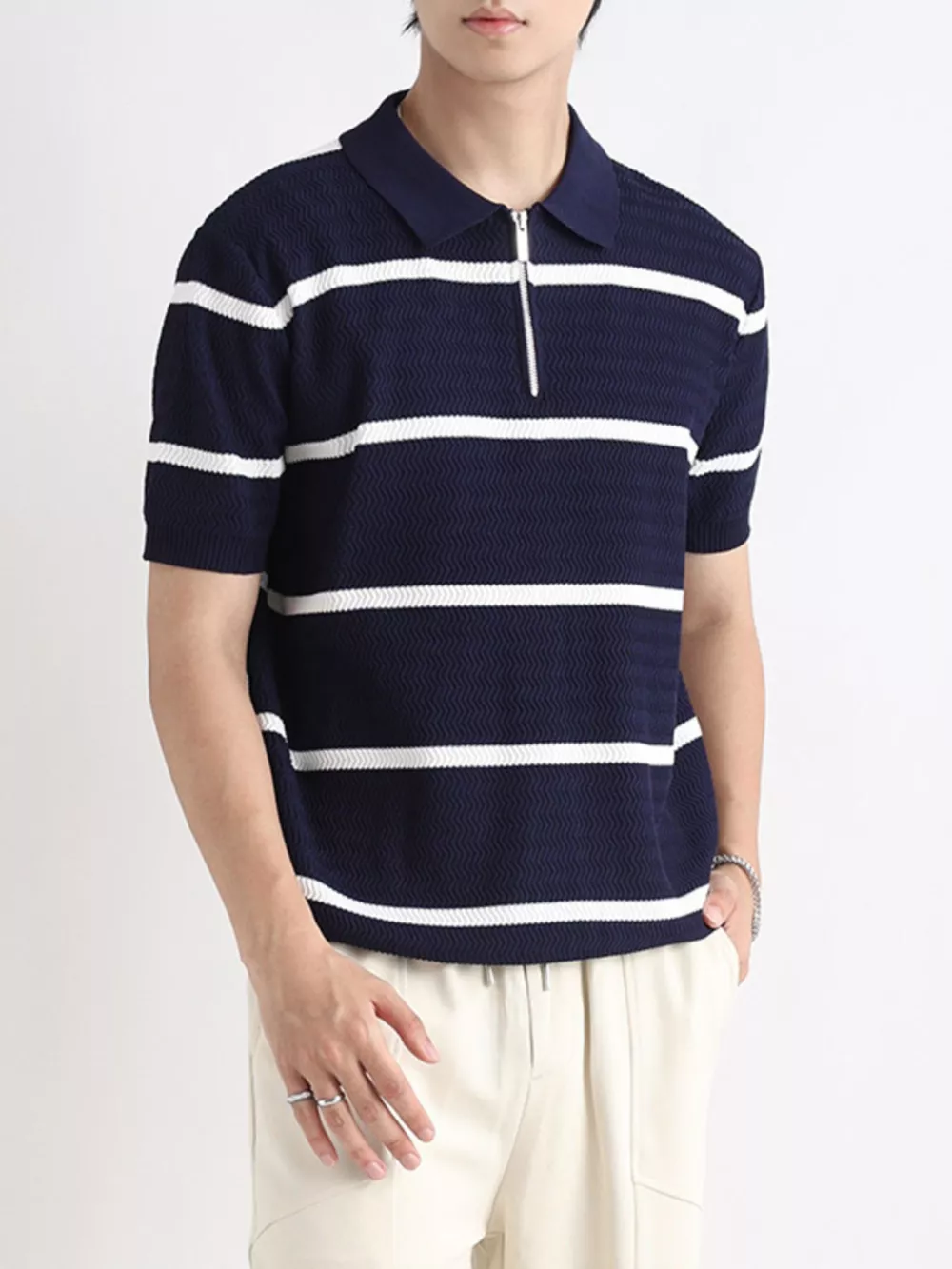 Men's Plus Size Striped Zip-Up Knit Polo, image 10