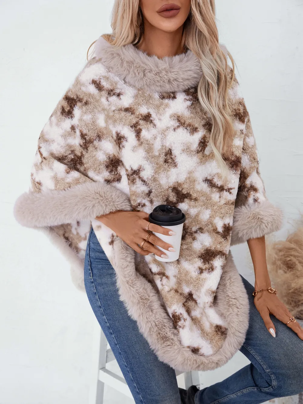 Furry Contrast Three-Quarter Poncho, image 6