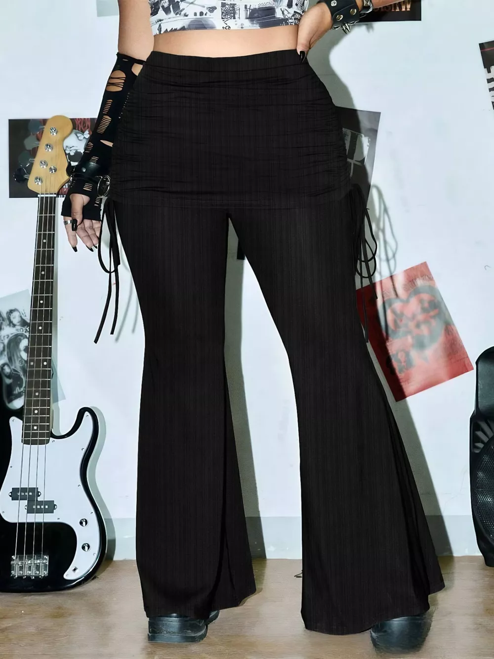 Plus Size Ribbed Drawsrting Flare Pants, image 2
