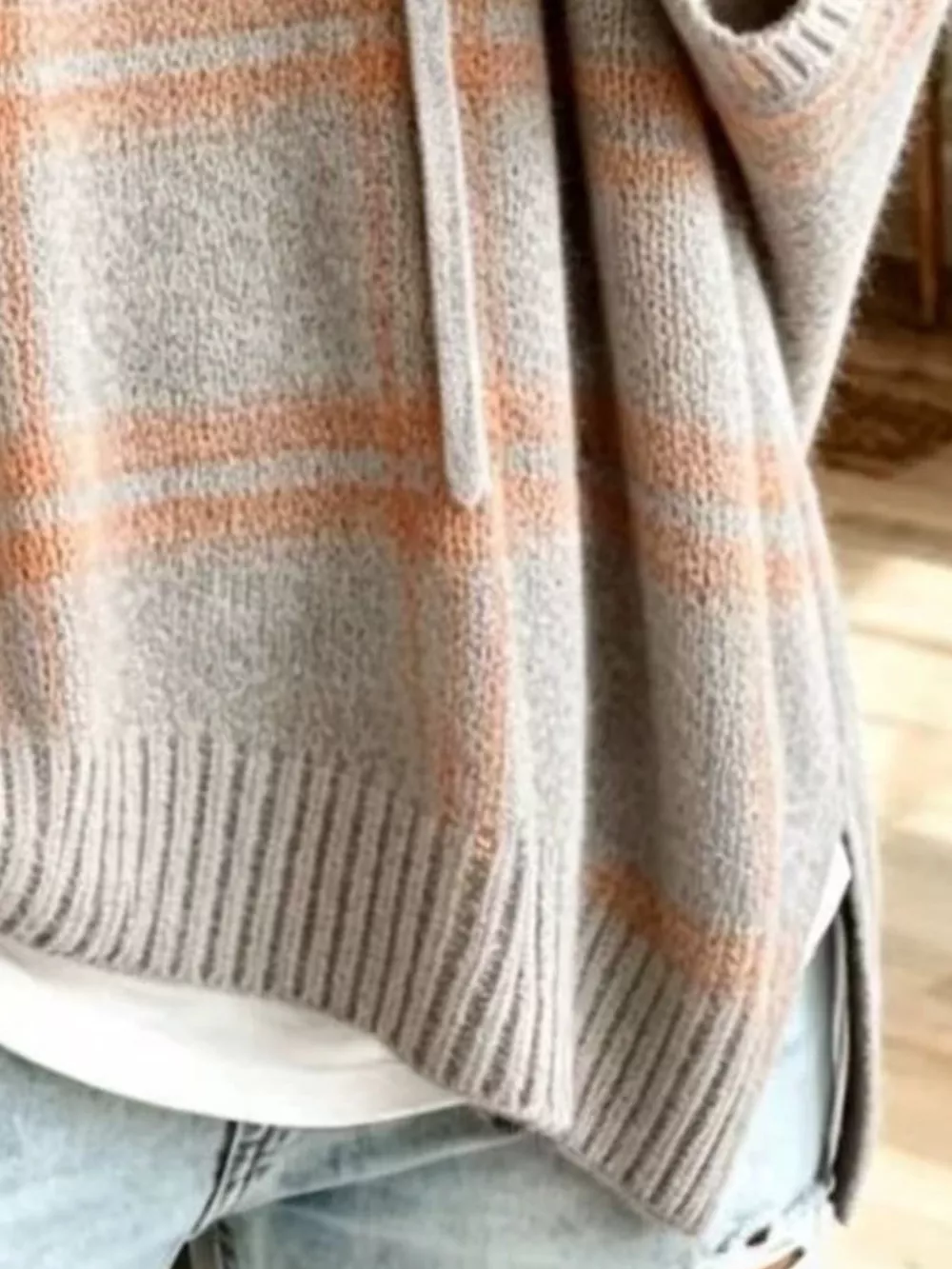 Full Size Drawstring Plaid Hooded Sweater Plus Size, image 8