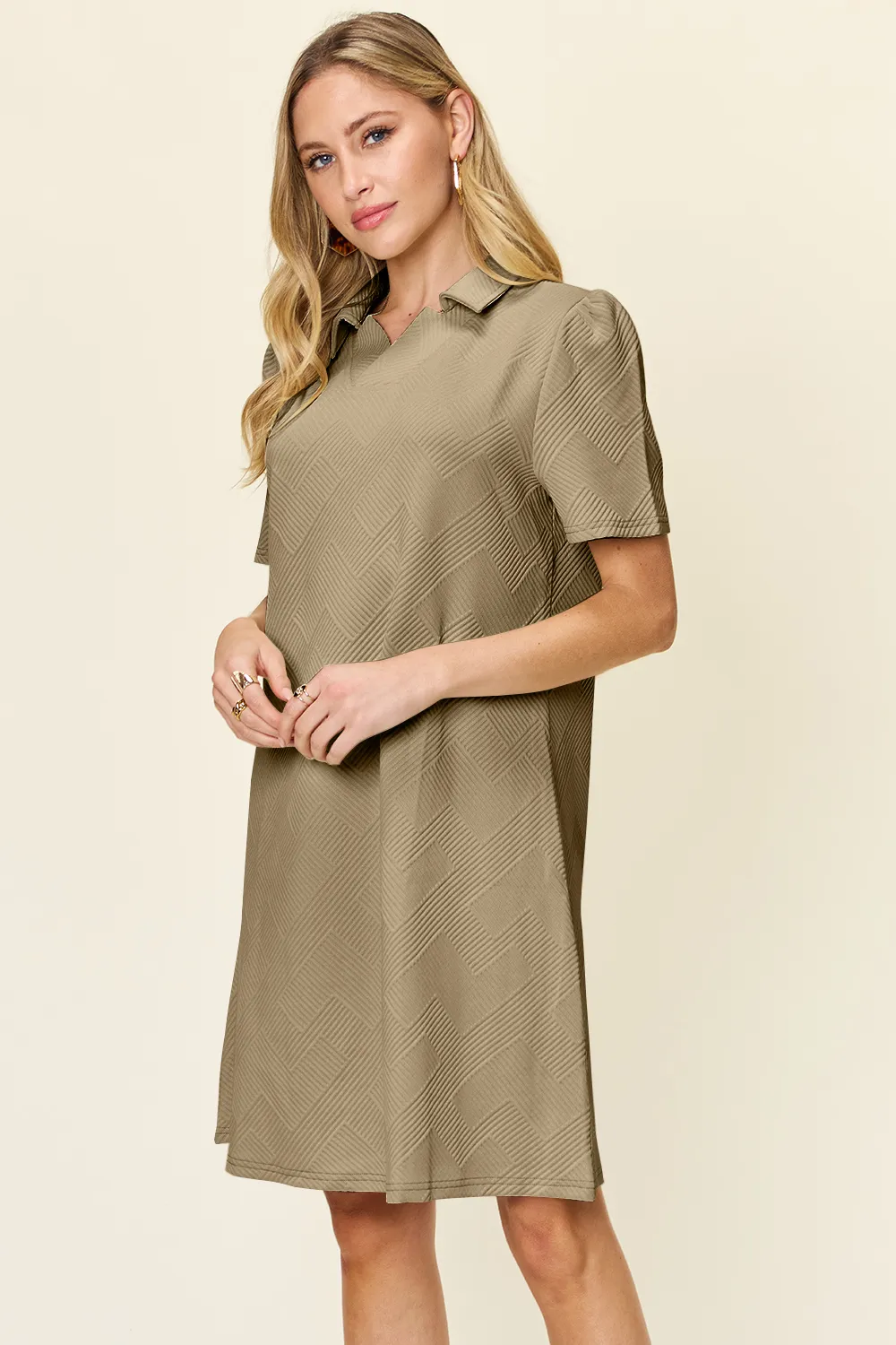 Full Size Texture Collared Neck Short Sleeve Dress, image 14