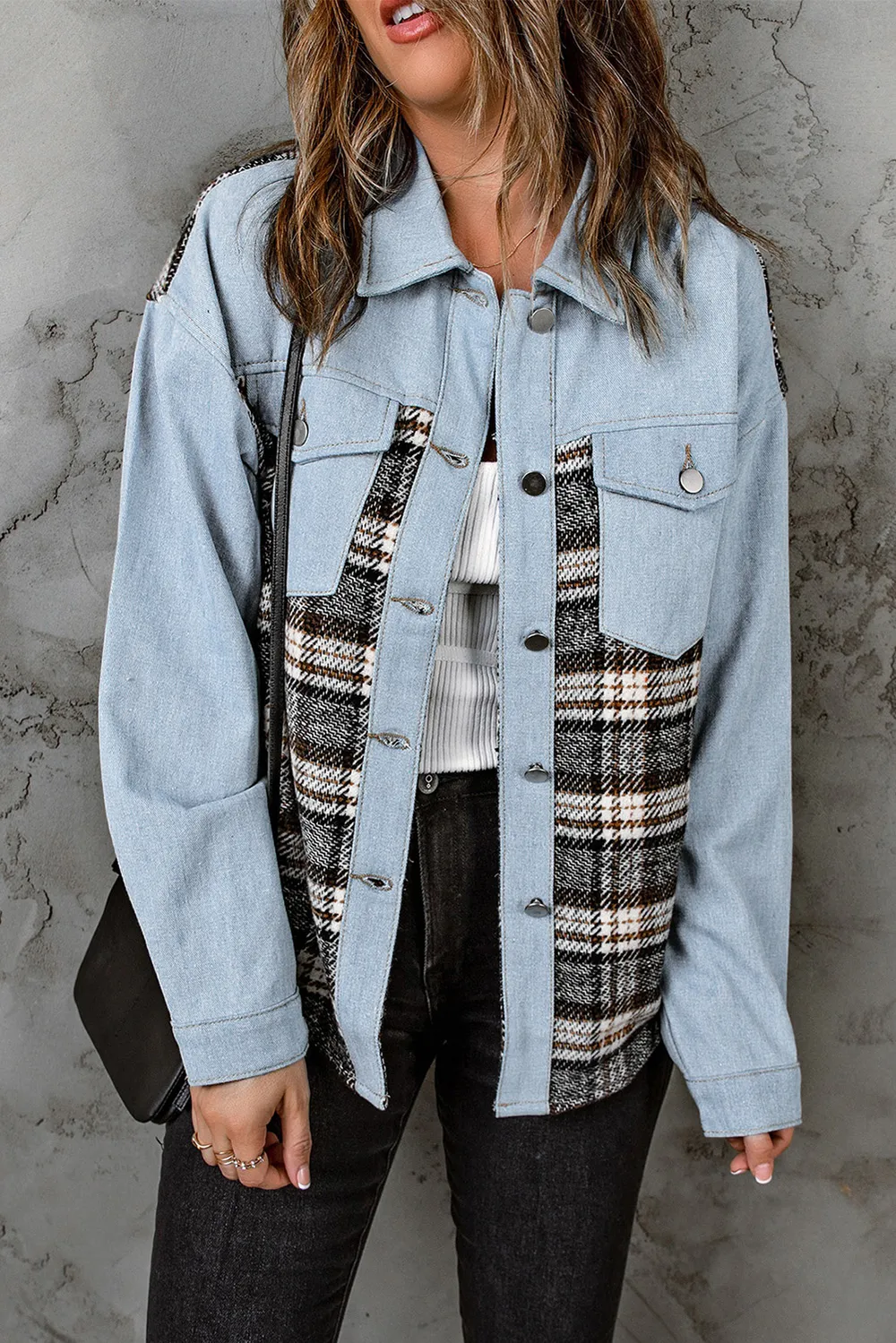 Plaid Pocketed Button Up Denim Jacket, image 7