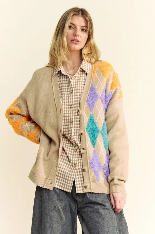 Argyle V-Neck Dropped Shoulder Cardigan, image 4