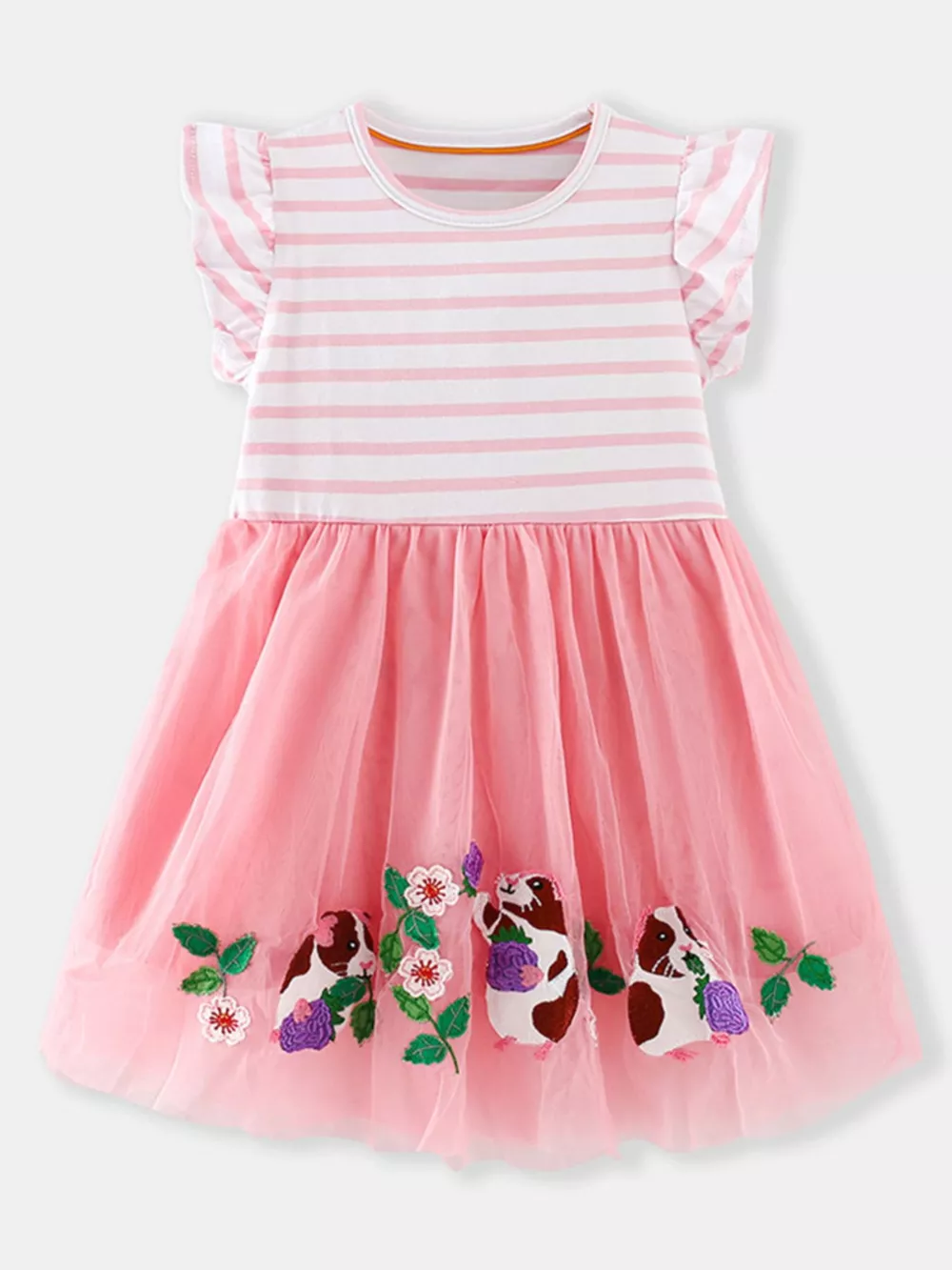 Children's Striped Top Tulle Guinea Pig Embroidered Dress, image 2