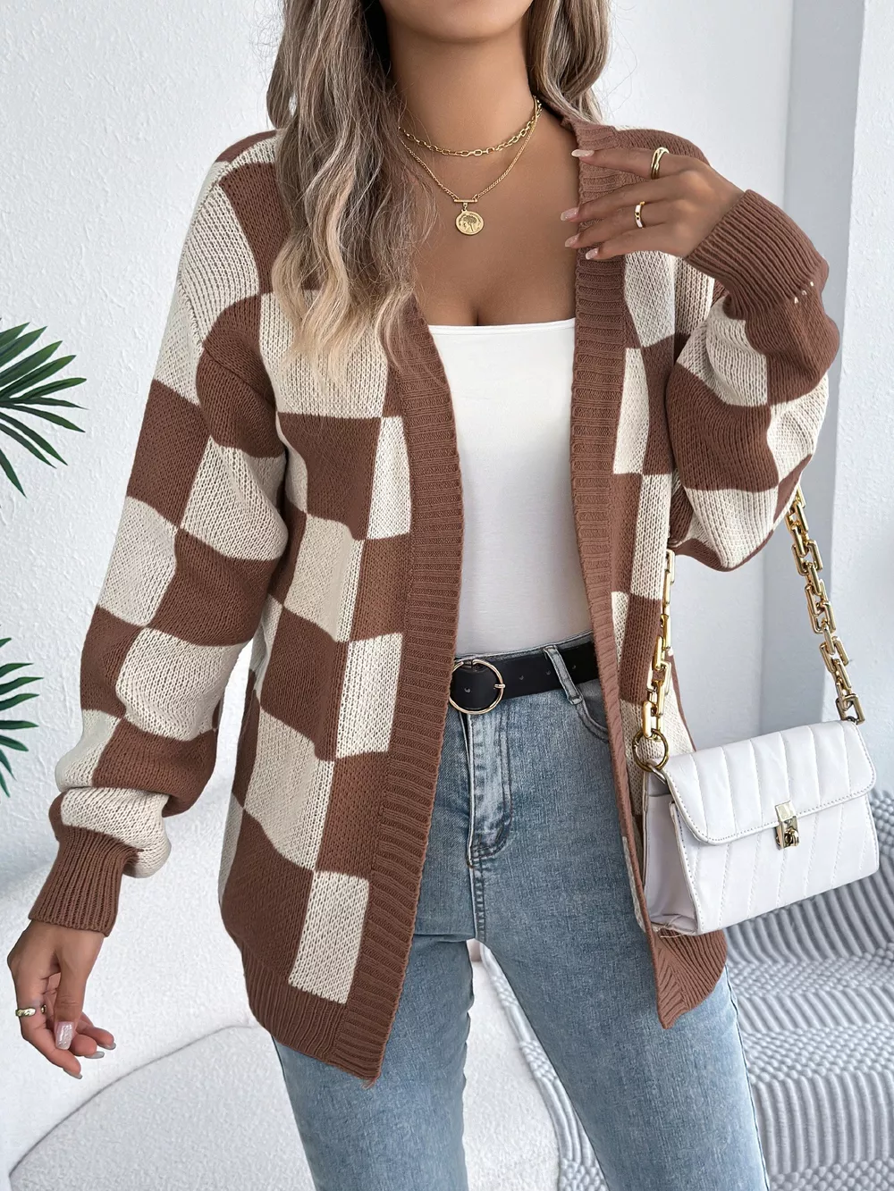 Checkered Pattern Open Front Cardigan, image 8