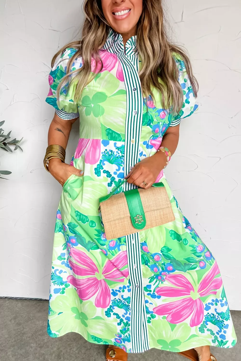 Floral Print Button-Up Midi Dress with Puff Sleeves, image 3