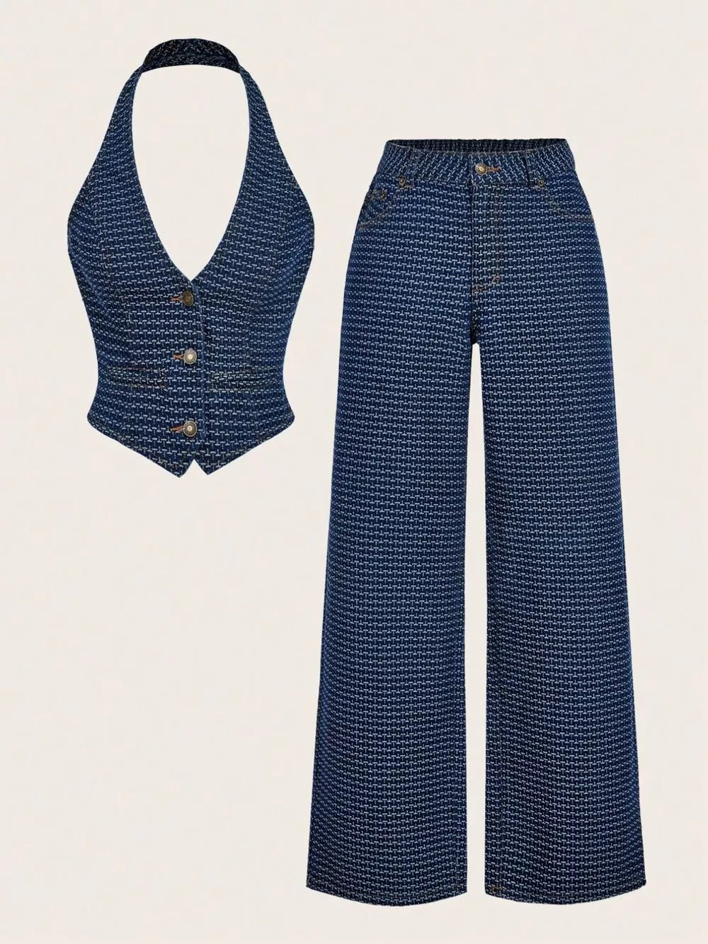 Halter Neck Denim Vest and Wide-Leg Jeans Set, image 15