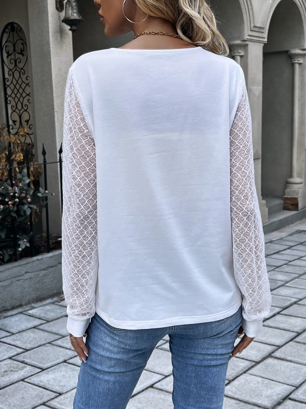Quarter Button Round Neck Long Sleeve Blouse, image 4