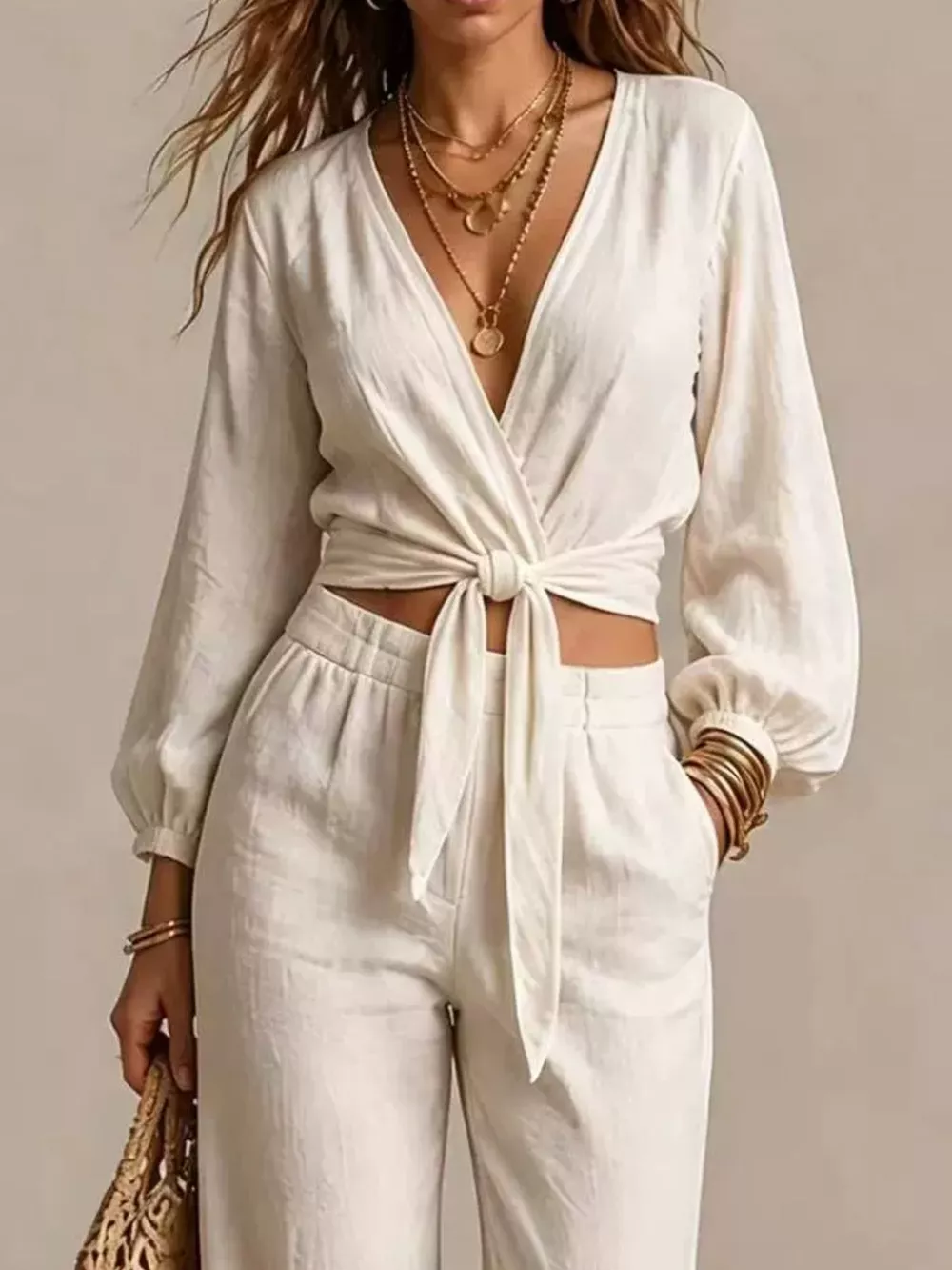 Tie-Front Crop Top and Wide-Leg Pant Set, image 2