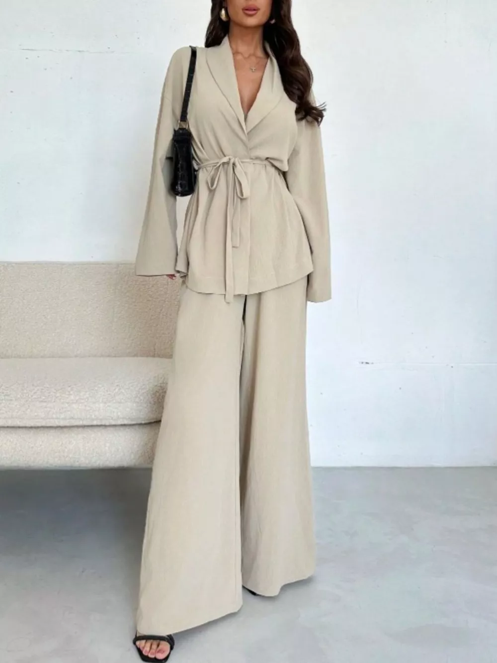 Textured Tie Waist Top and Wide-Leg Pants Set, image 3