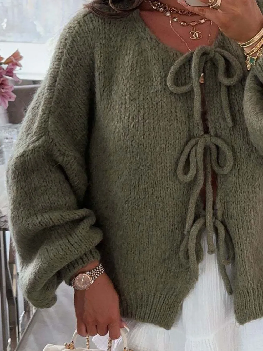 Cozy Bow-Tie Front Knit Cardigan, image 15