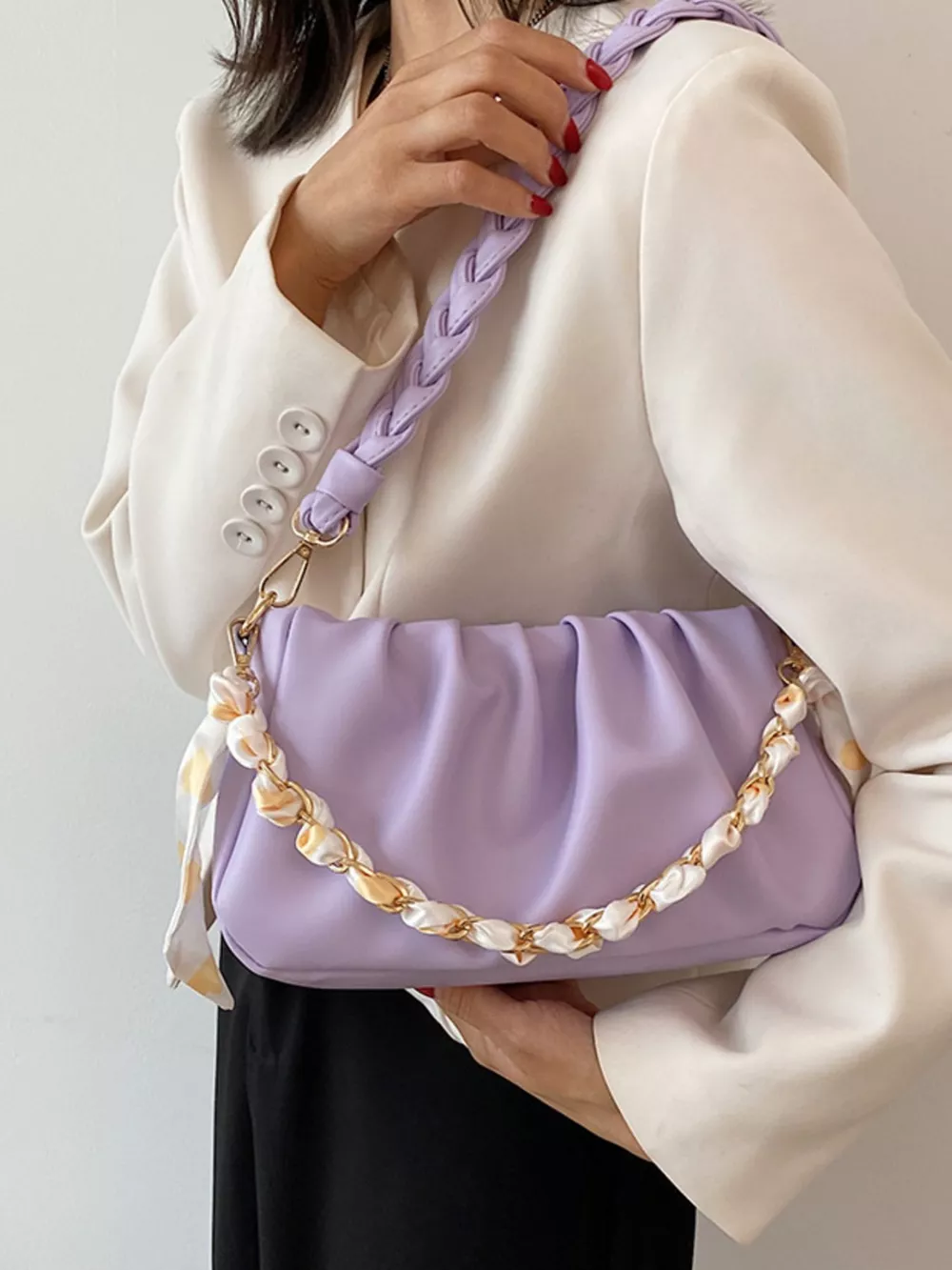 Ruched Braided Handle Shoulder Bag, image 4