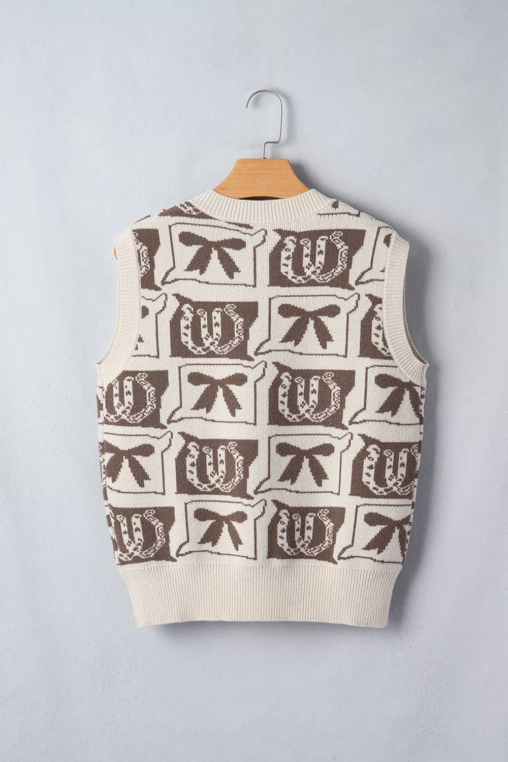 Western Horseshoe Bow Pattern Button Front Sleeveless Knit Sweater, image 9