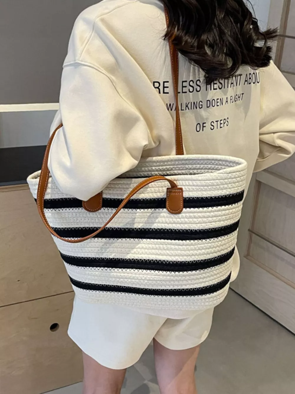 Striped Straw Tote Bag, image 7