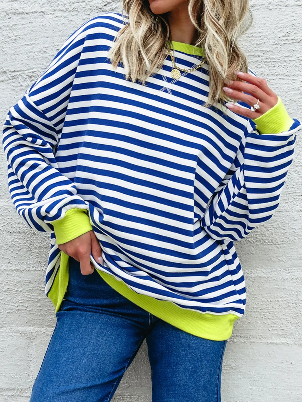 Striped Contrast Ribbed Trim Drop Shoulder Sweatshirt, image 7