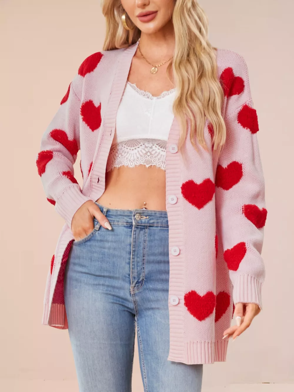 Heart Pattern Knit Button-Up Cardigan, image 5