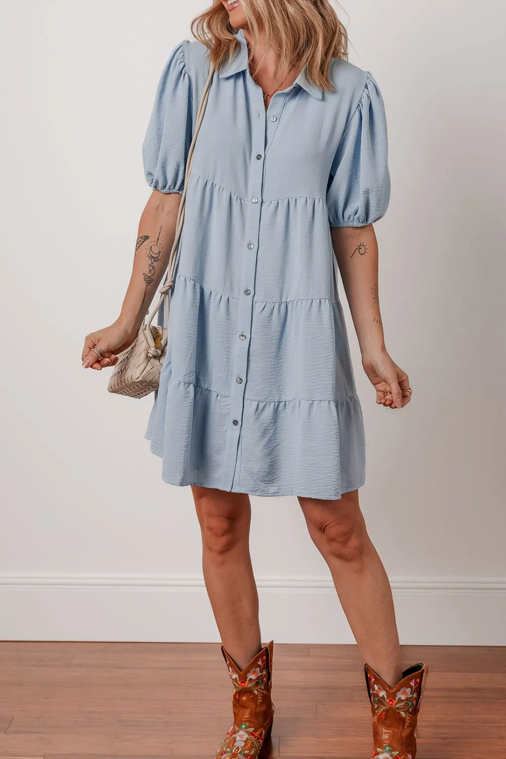Button Up Puff Sleeve Tiered Shirt Dress, image 5