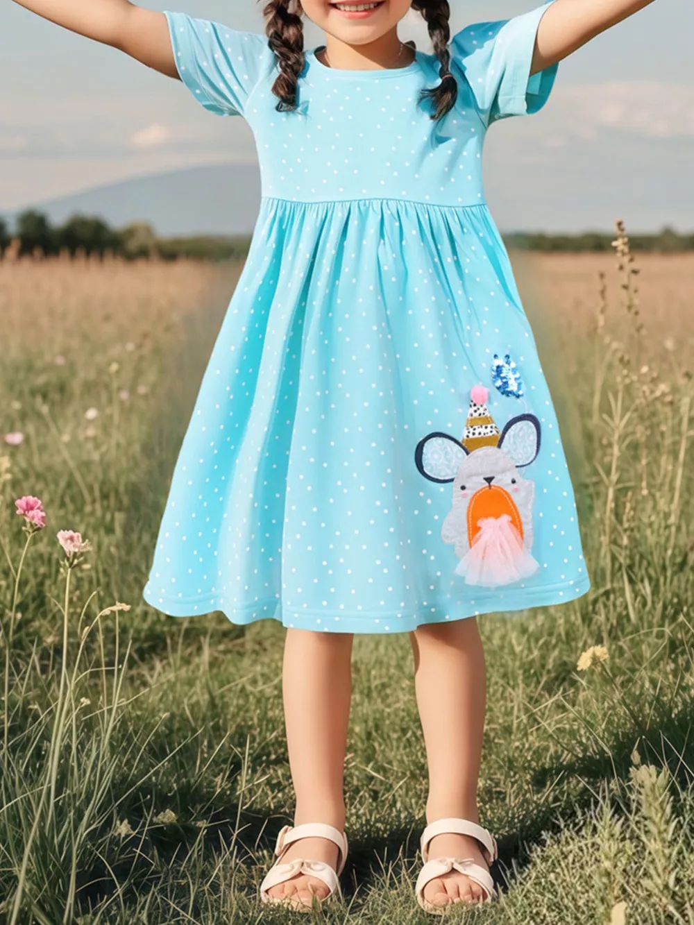 Children's Round Neck Cartoon Polka Dot Dress, image 4