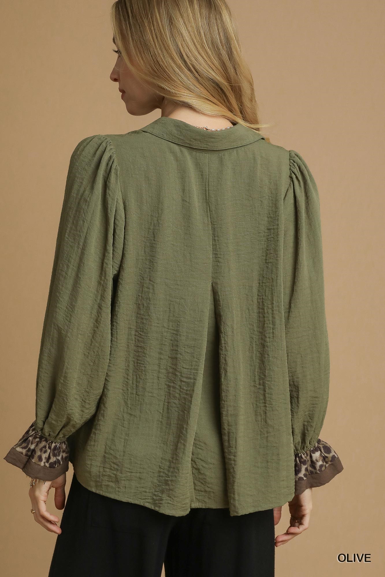 Half Button Blouse with Leopard Print Trim, image 3