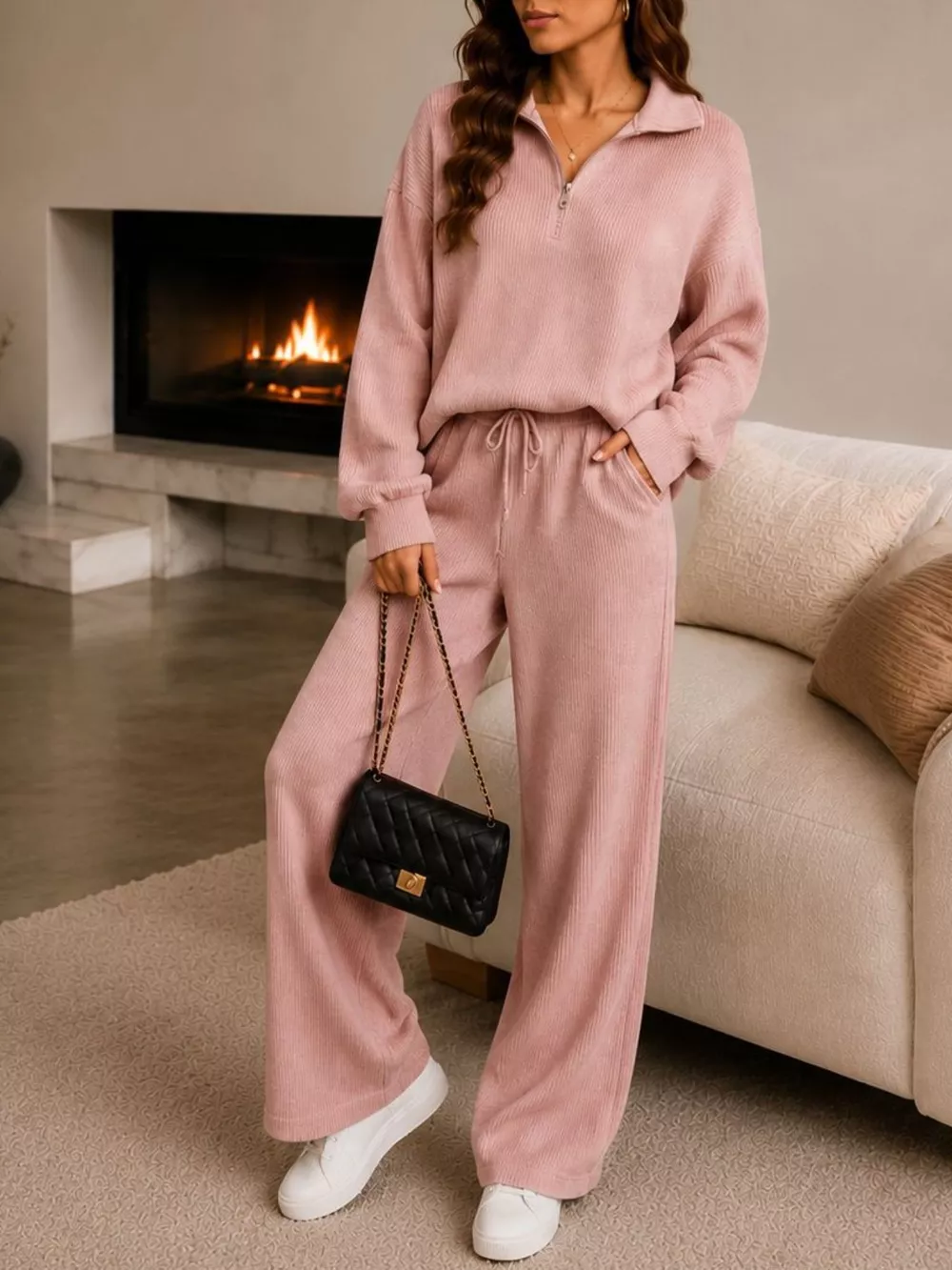 Cozy Ribbed Knit Quarter-Zip Top and Wide-Leg Set, image 7
