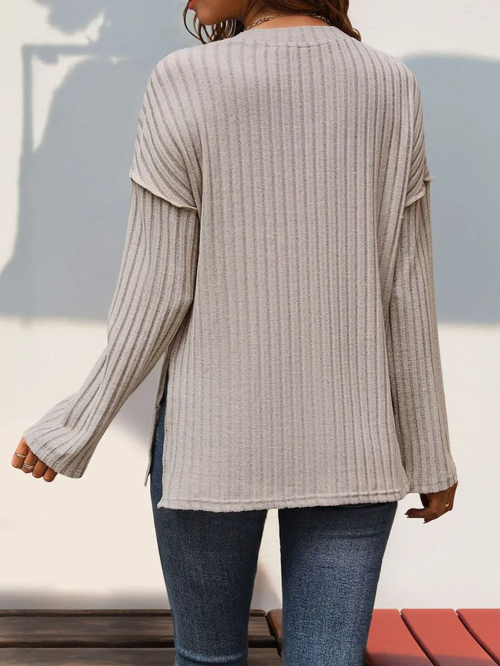 Slit Half Button Long Sleeve T-Shirt, image 2