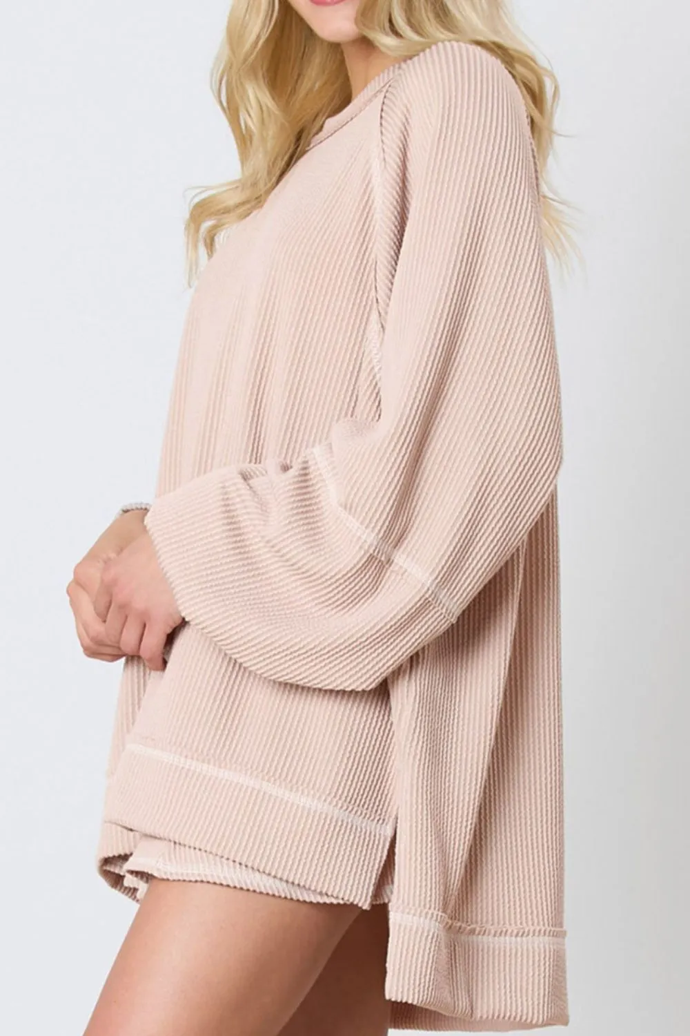 Texture Round Neck Long Sleeve Top and Skirt Set, image 4